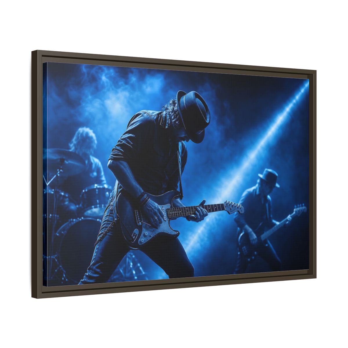 Side Mockup 11. Blue Rock Guitarist shown as framed canvas print