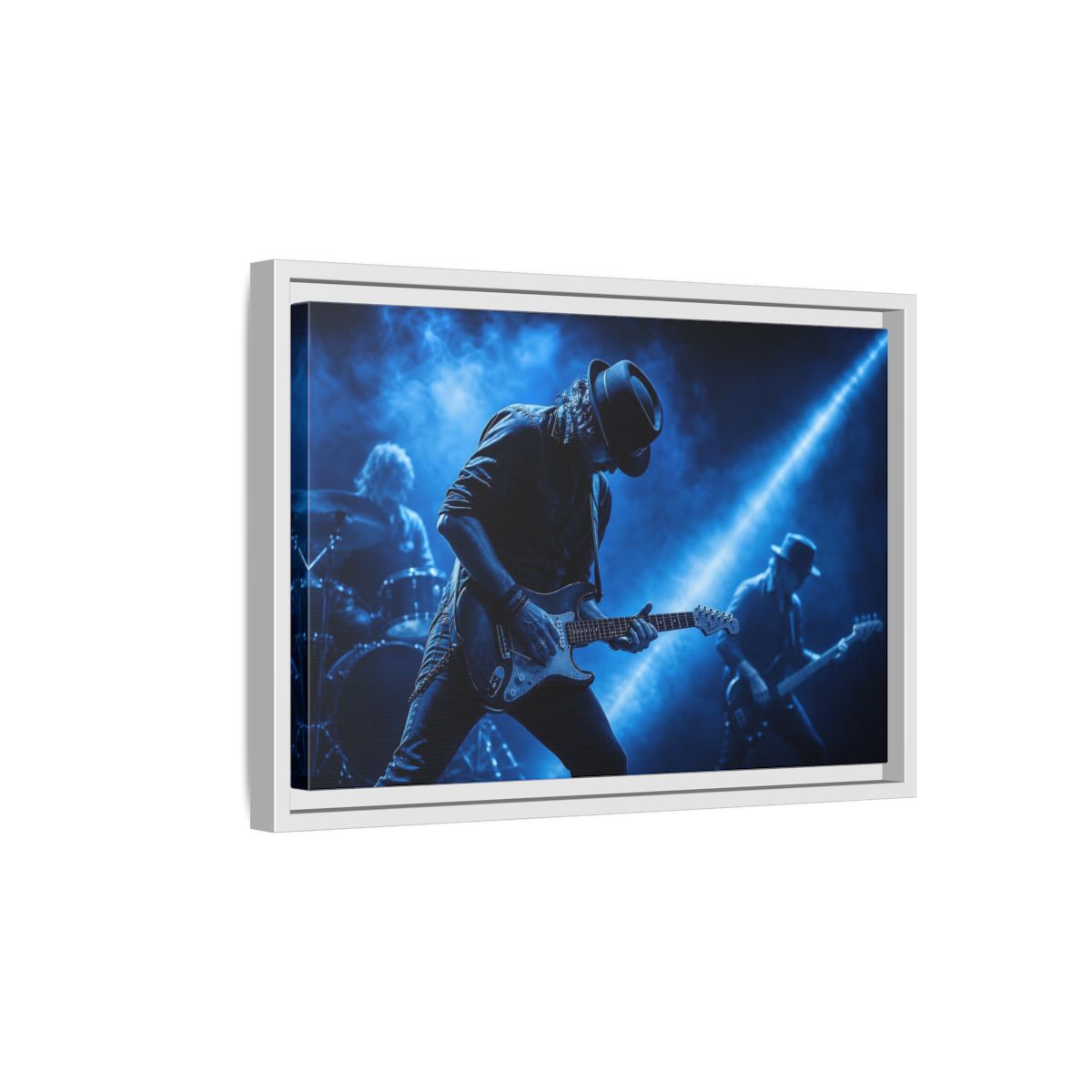 Side Mockup 4. Blue Rock Guitarist shown as framed canvas print