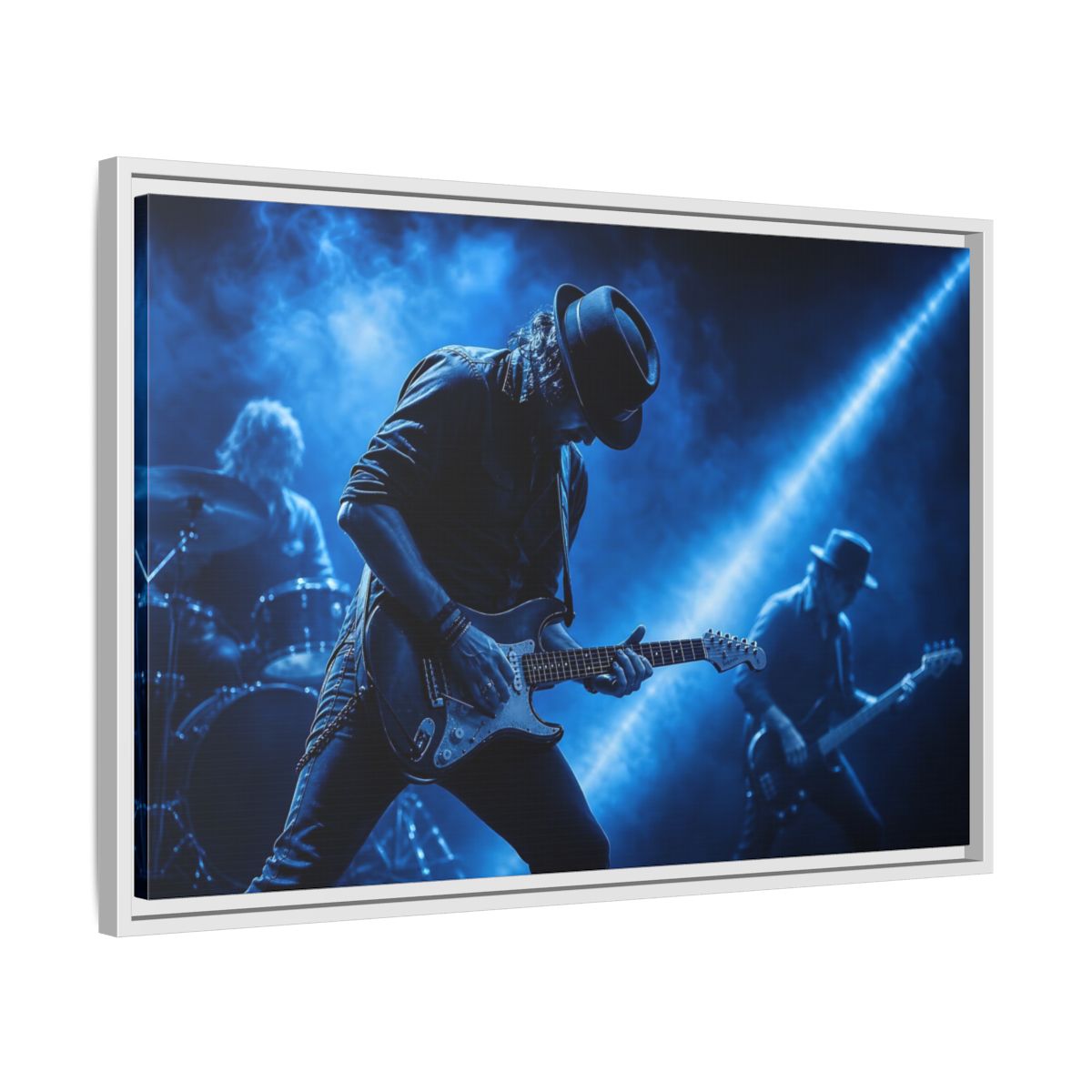 Side Mockup 10. Blue Rock Guitarist shown as framed canvas print