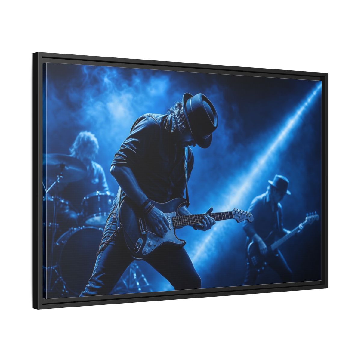Side Mockup 13. Blue Rock Guitarist shown as framed canvas print
