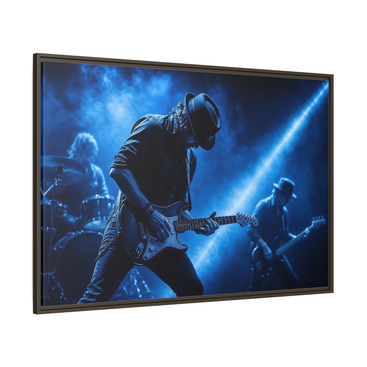 Side Mockup 8. Blue Rock Guitarist shown as framed canvas print