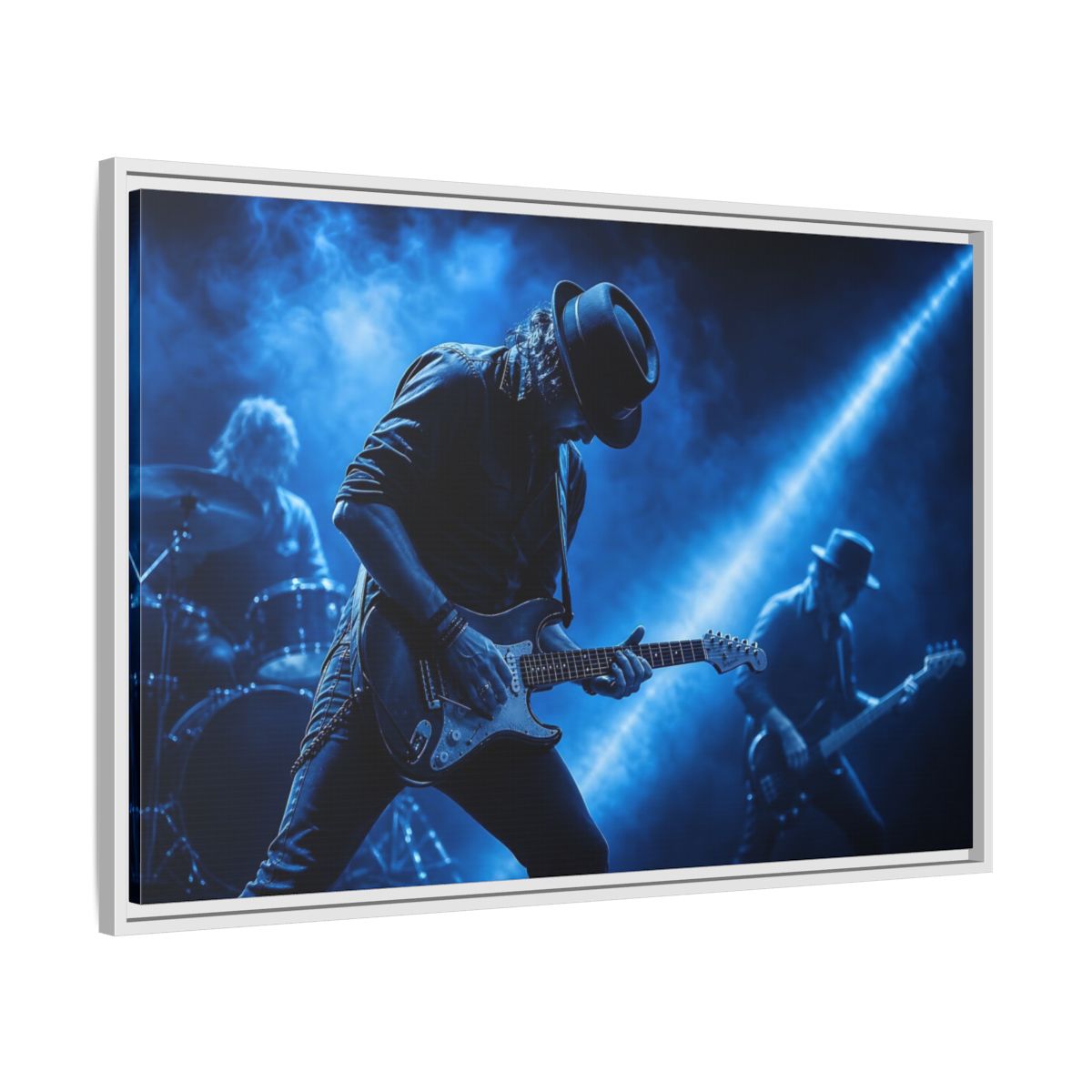 Side Mockup 9. Blue Rock Guitarist shown as framed canvas print