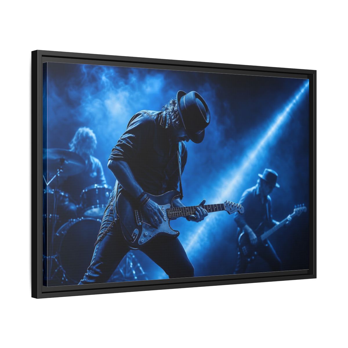 Side Mockup 14. Blue Rock Guitarist shown as framed canvas print