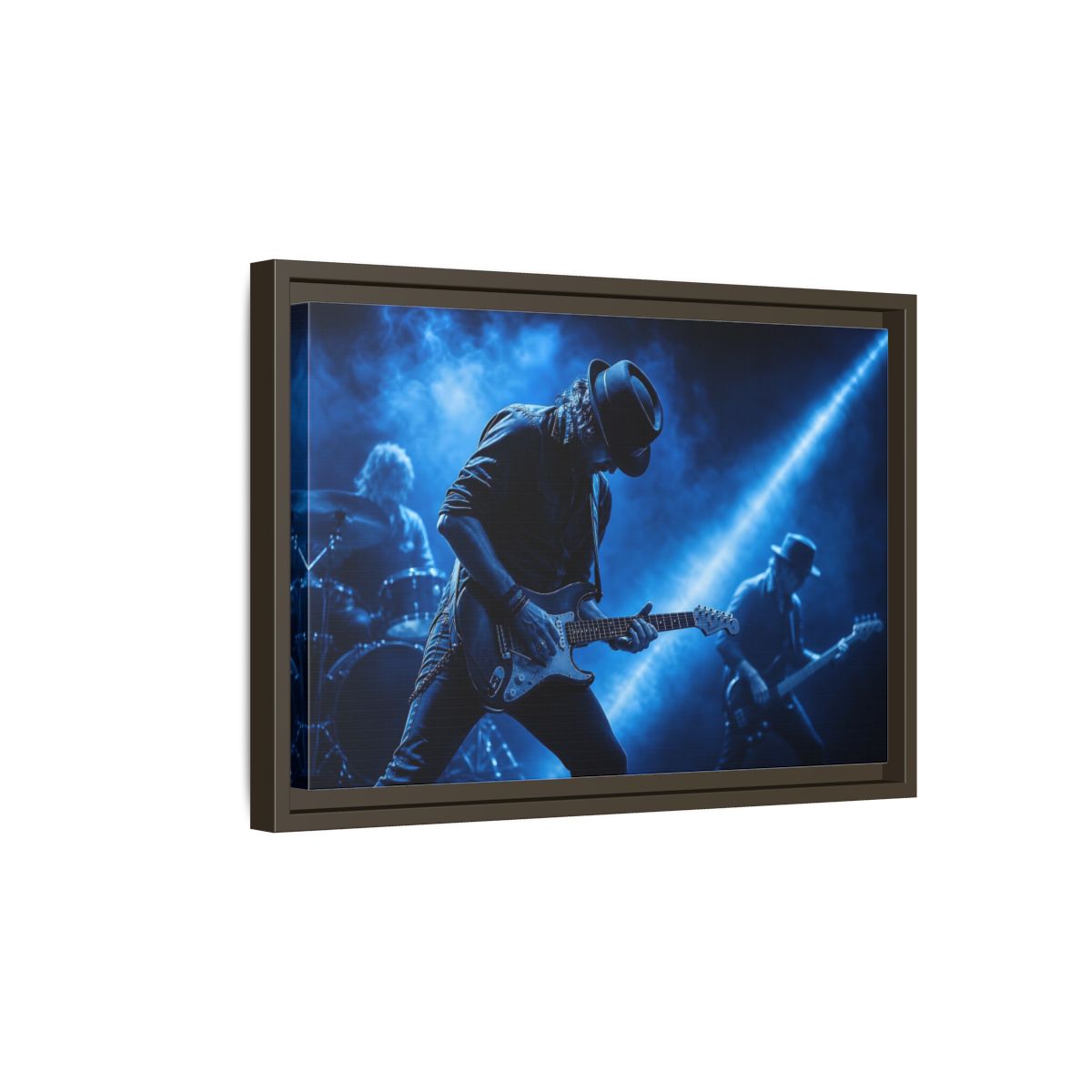 Side Mockup 5. Blue Rock Guitarist shown as framed canvas print