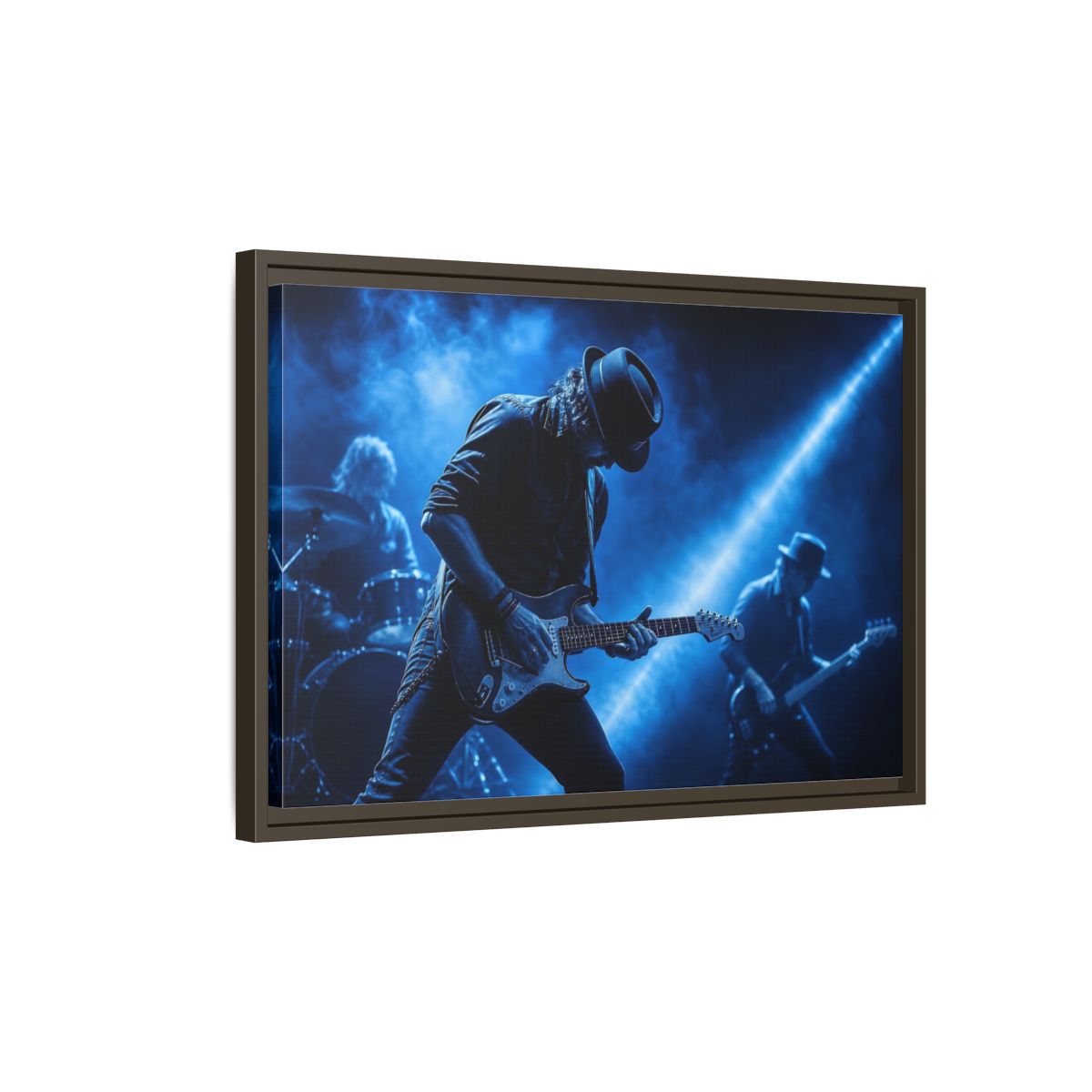 Side Mockup 2. Blue Rock Guitarist shown as framed canvas print