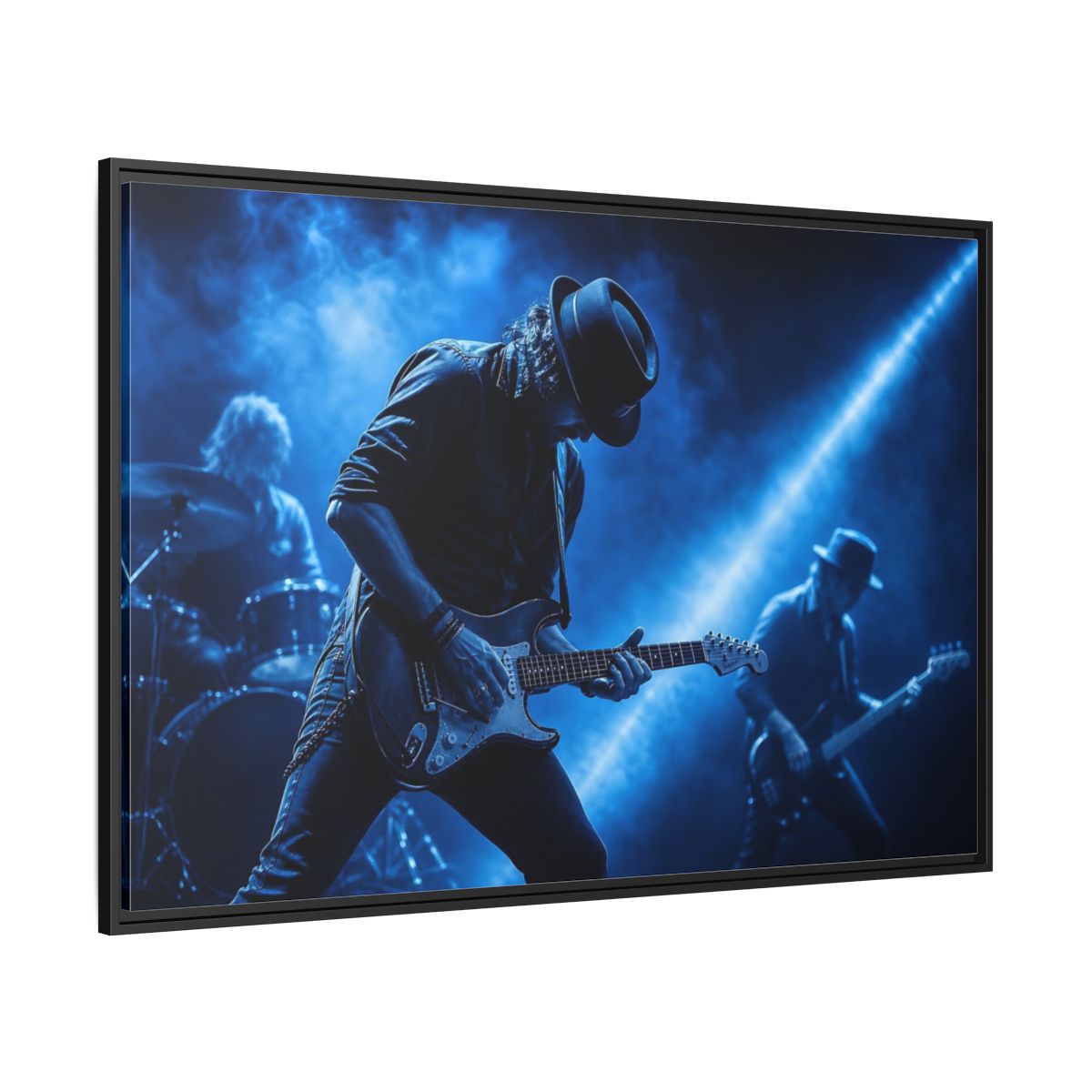 Side Mockup 12. Blue Rock Guitarist shown as framed canvas print
