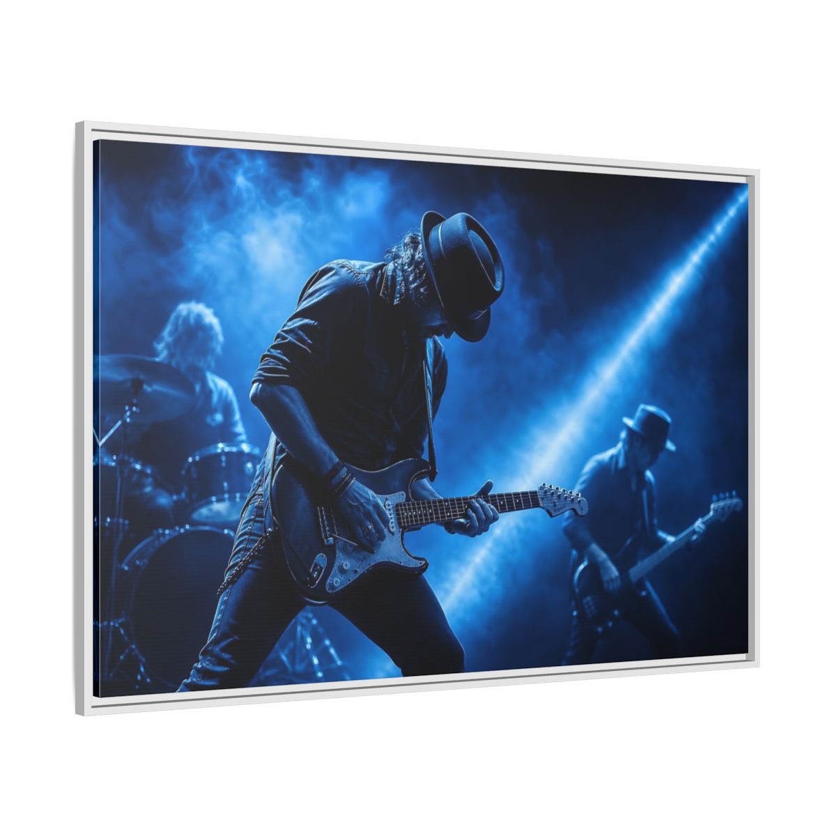 Side Mockup 7. Blue Rock Guitarist shown as framed canvas print