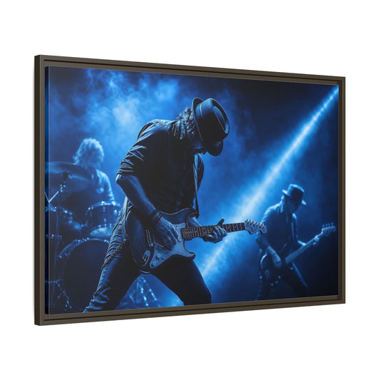 Main Mockup. Blue Rock Guitarist shown as framed canvas print