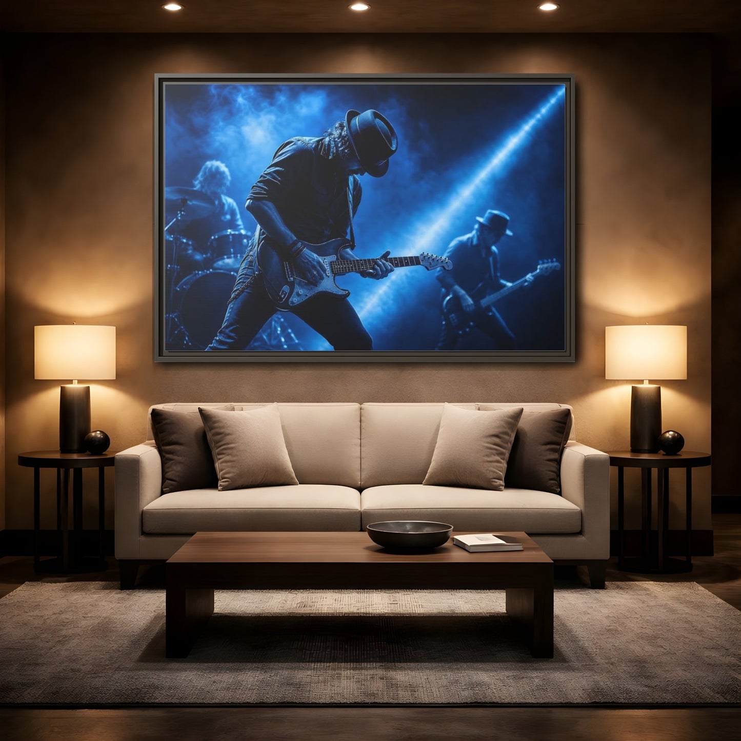 Mockup 2. Blue Rock Guitarist shown as framed canvas print