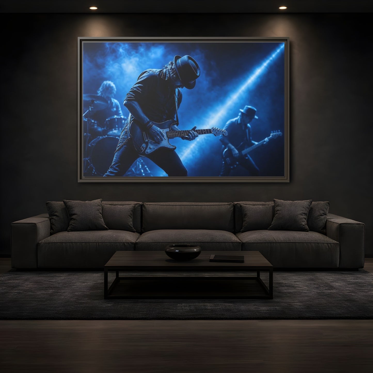 Mockup 3. Blue Rock Guitarist shown as framed canvas print