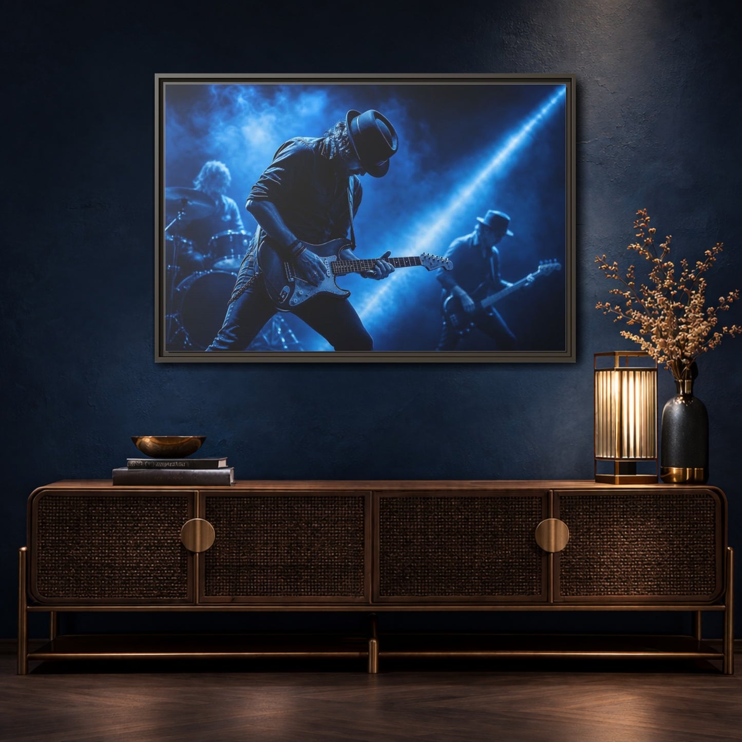 Mockup 4. Blue Rock Guitarist shown as framed canvas print