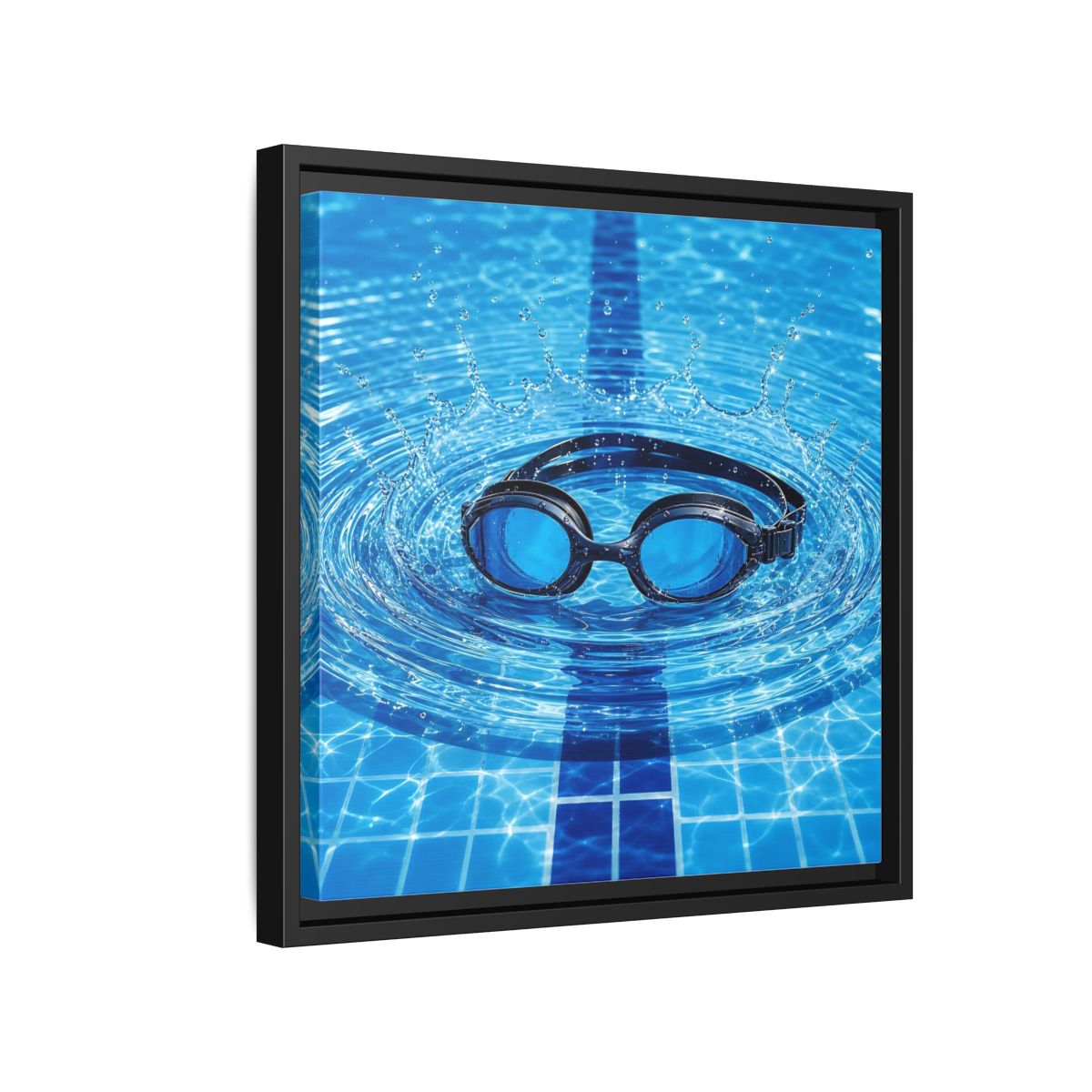 Side Mockup 15. Blue Swim Goggles Splash shown as framed canvas print