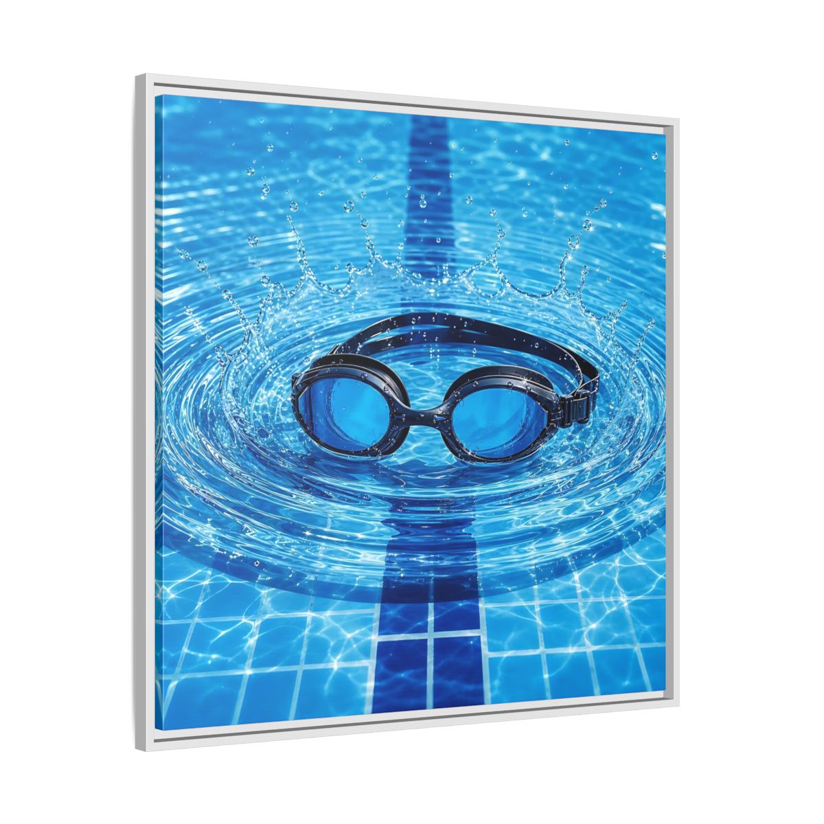 Side Mockup 25. Blue Swim Goggles Splash shown as framed canvas print