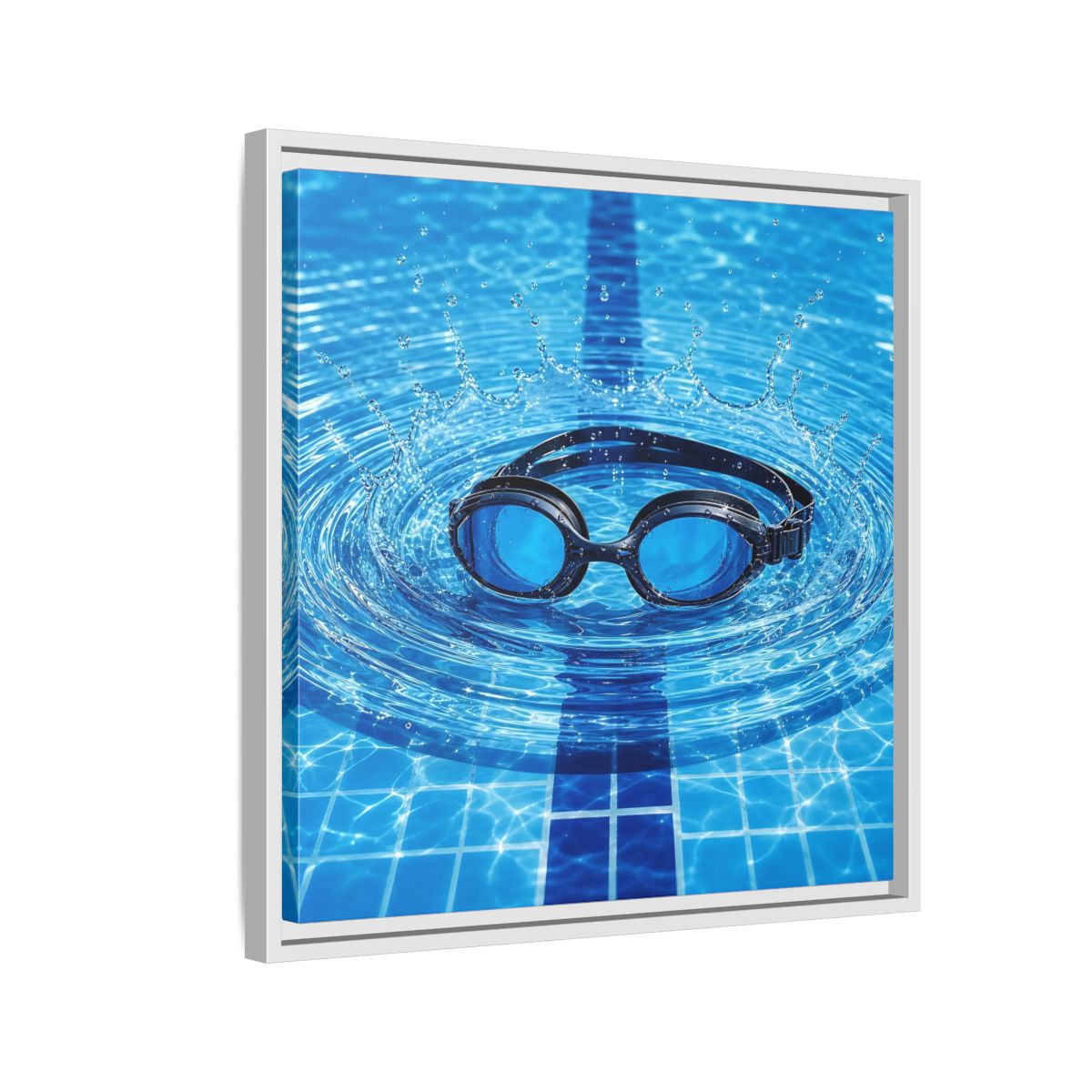 Side Mockup 10. Blue Swim Goggles Splash shown as framed canvas print
