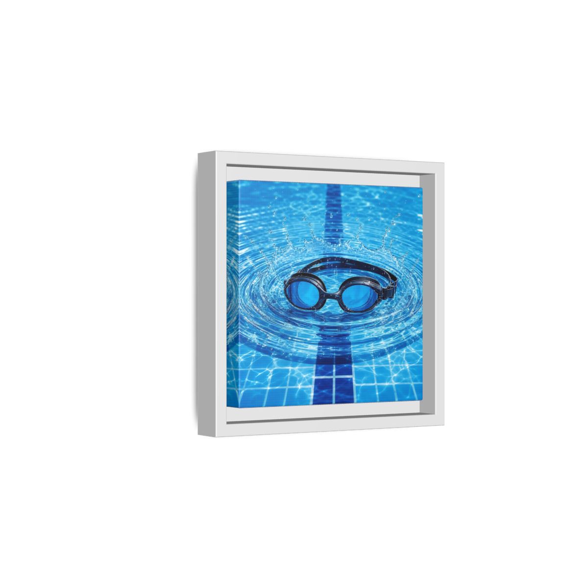 Side Mockup 1. Blue Swim Goggles Splash shown as framed canvas print