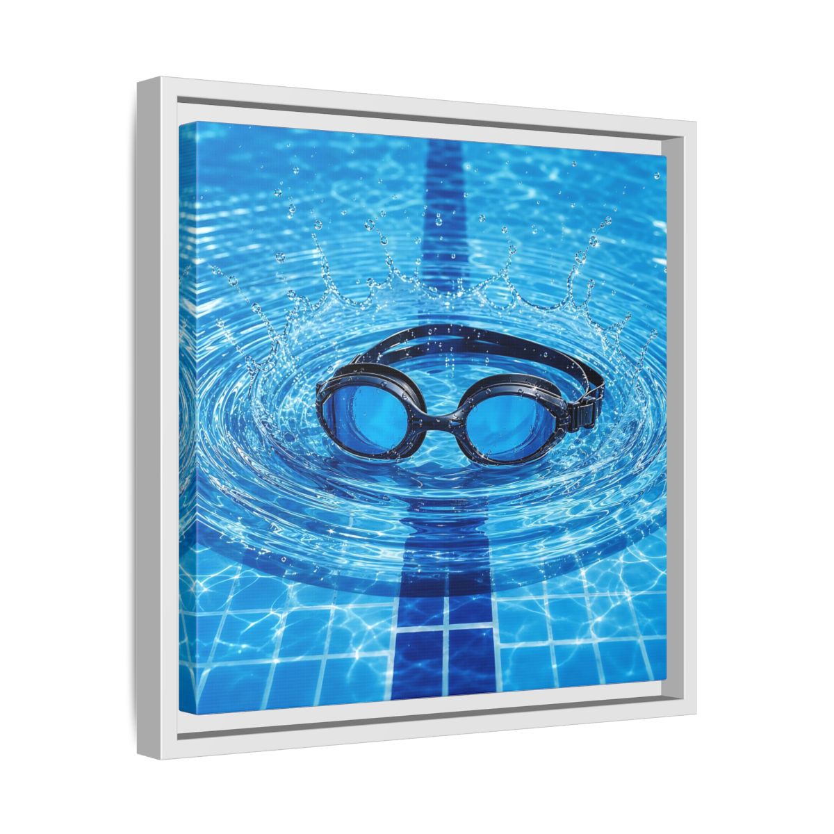 Side Mockup 28. Blue Swim Goggles Splash shown as framed canvas print