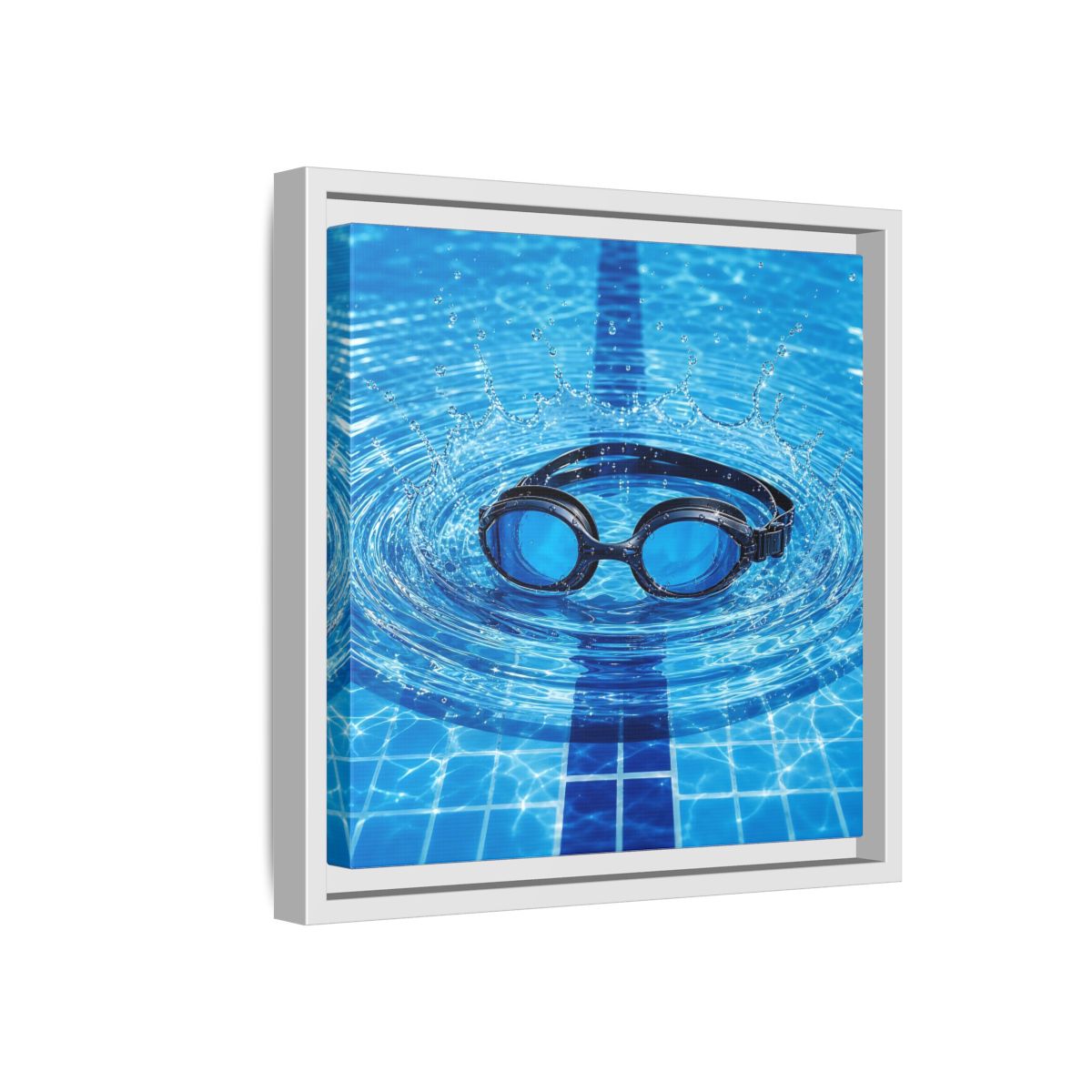 Side Mockup 16. Blue Swim Goggles Splash shown as framed canvas print