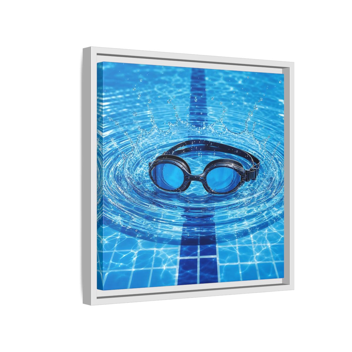 Side Mockup 13. Blue Swim Goggles Splash shown as framed canvas print