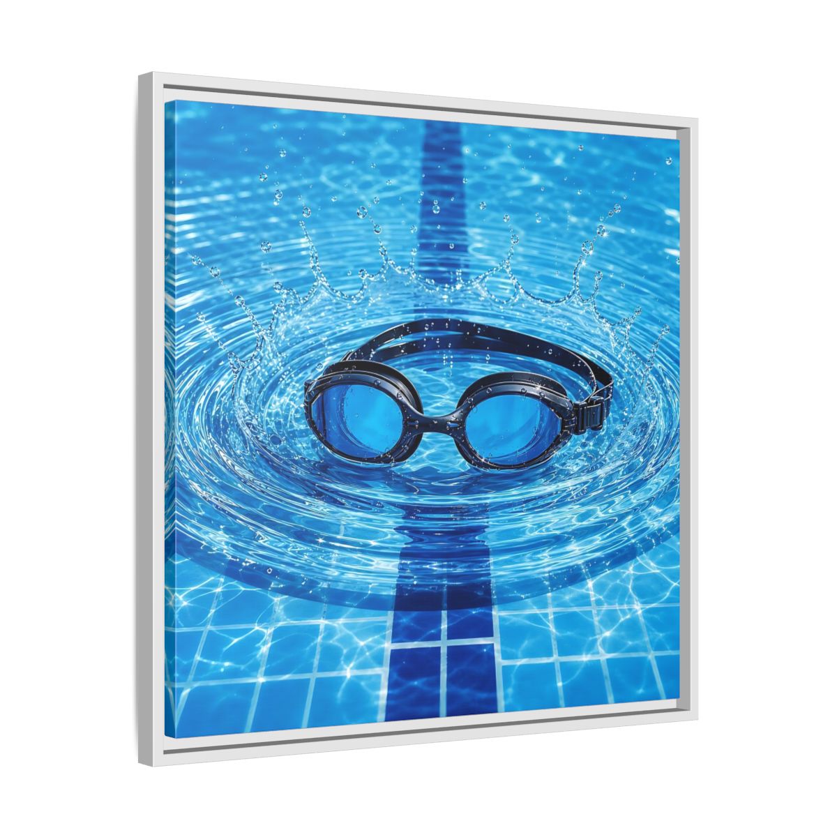 Side Mockup 26. Blue Swim Goggles Splash shown as framed canvas print