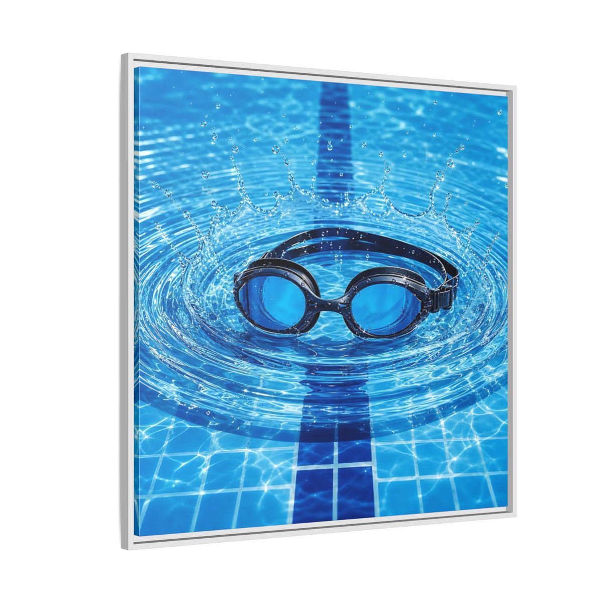 Side Mockup 4. Blue Swim Goggles Splash shown as framed canvas print