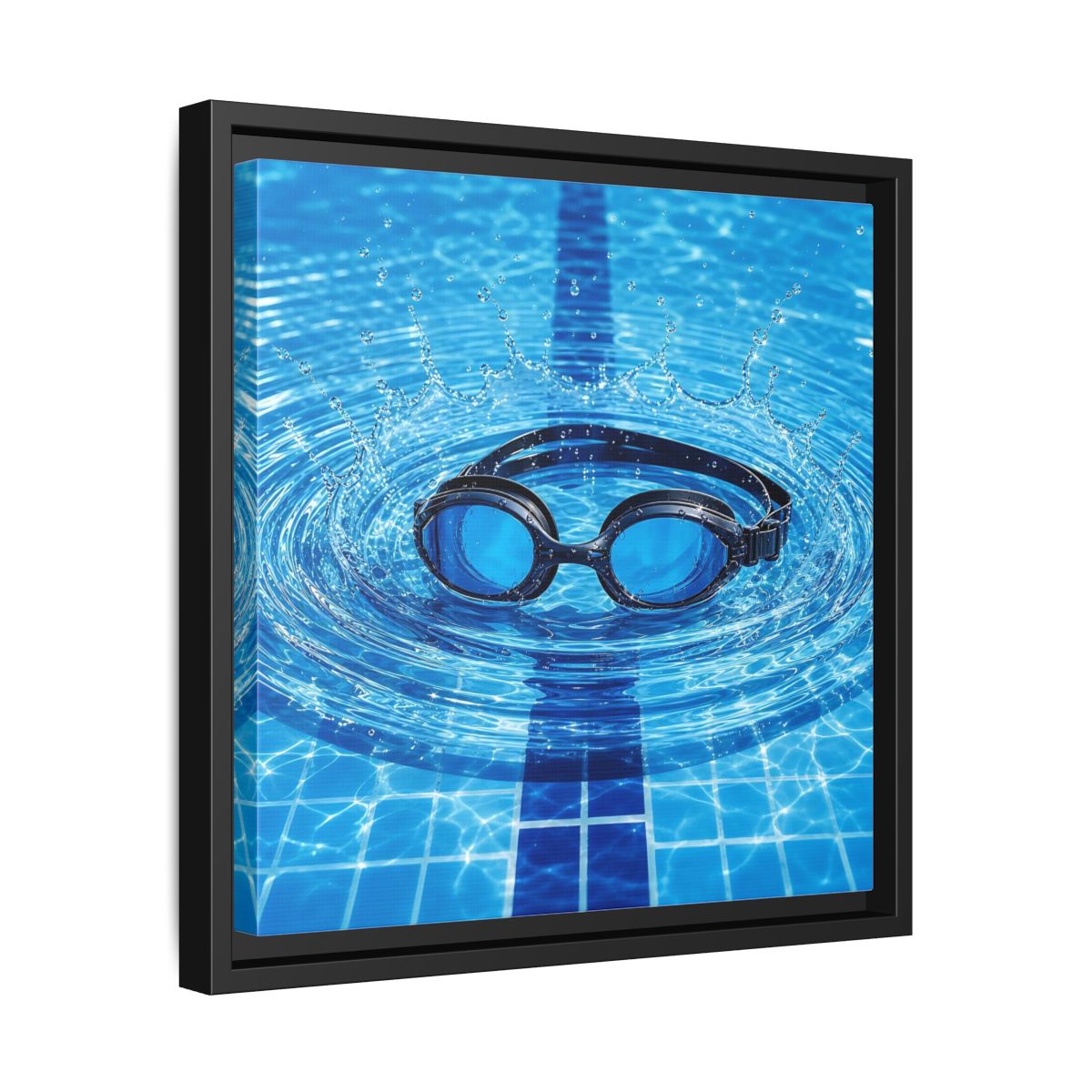 Side Mockup 32. Blue Swim Goggles Splash shown as framed canvas print