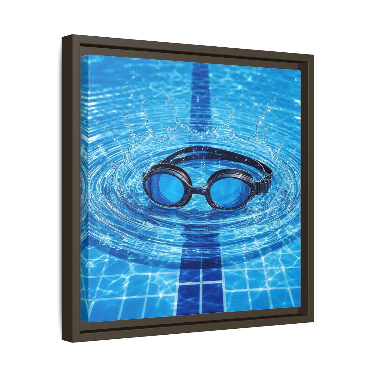 Side Mockup 29. Blue Swim Goggles Splash shown as framed canvas print