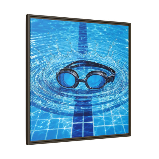 Main Mockup. Blue Swim Goggles Splash shown as framed canvas print