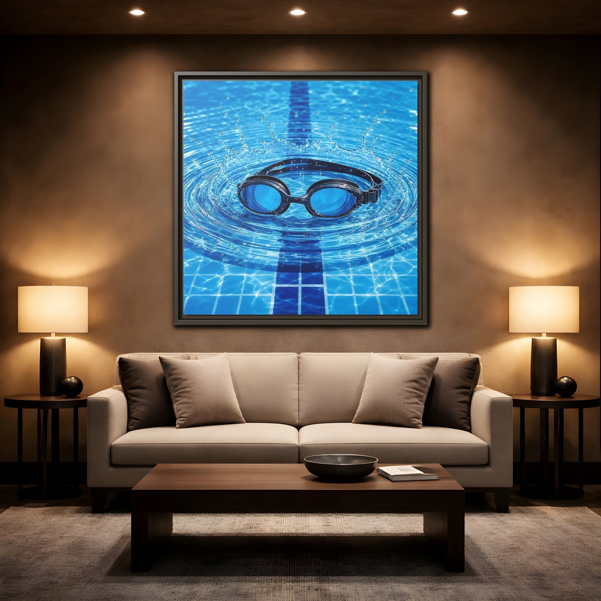 Mockup 2. Blue Swim Goggles Splash shown as framed canvas print