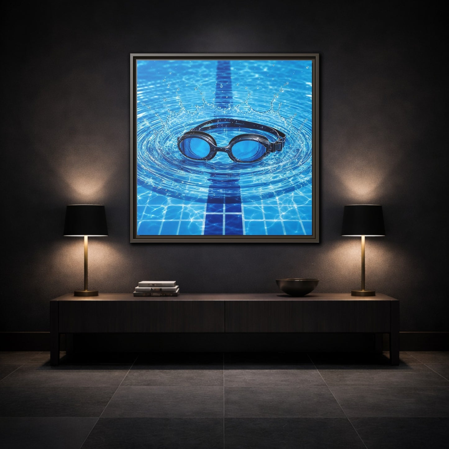 Mockup 3. Blue Swim Goggles Splash shown as framed canvas print