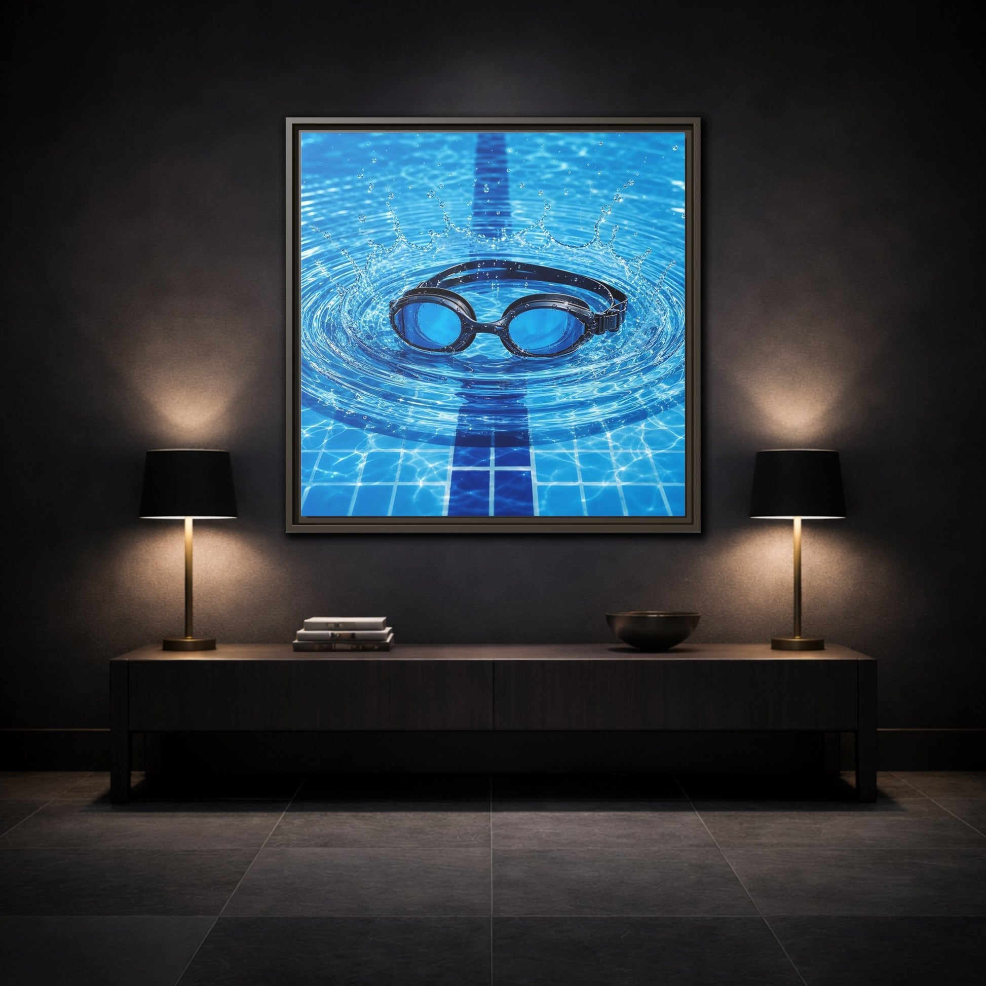 Mockup 3. Blue Swim Goggles Splash shown as framed canvas print