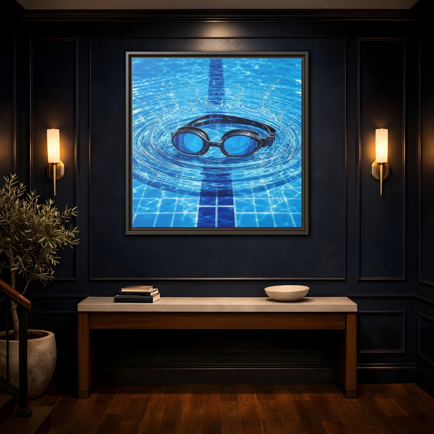 Mockup 4. Blue Swim Goggles Splash shown as framed canvas print