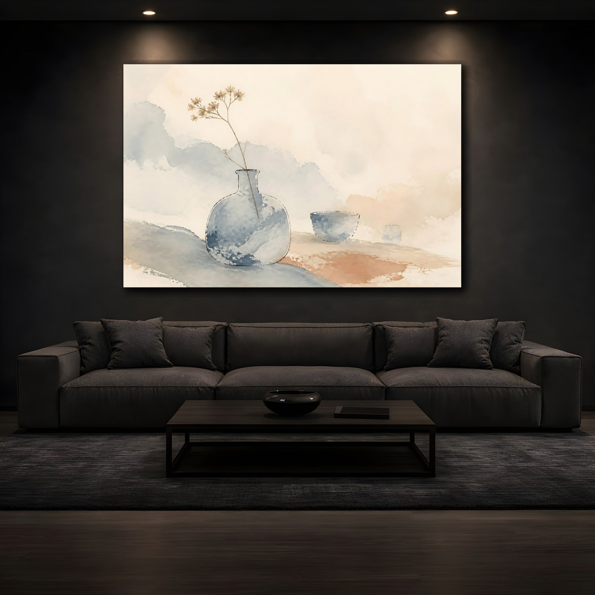 Mockup 3. Blue Vase & Dried Stem shown as canvas print