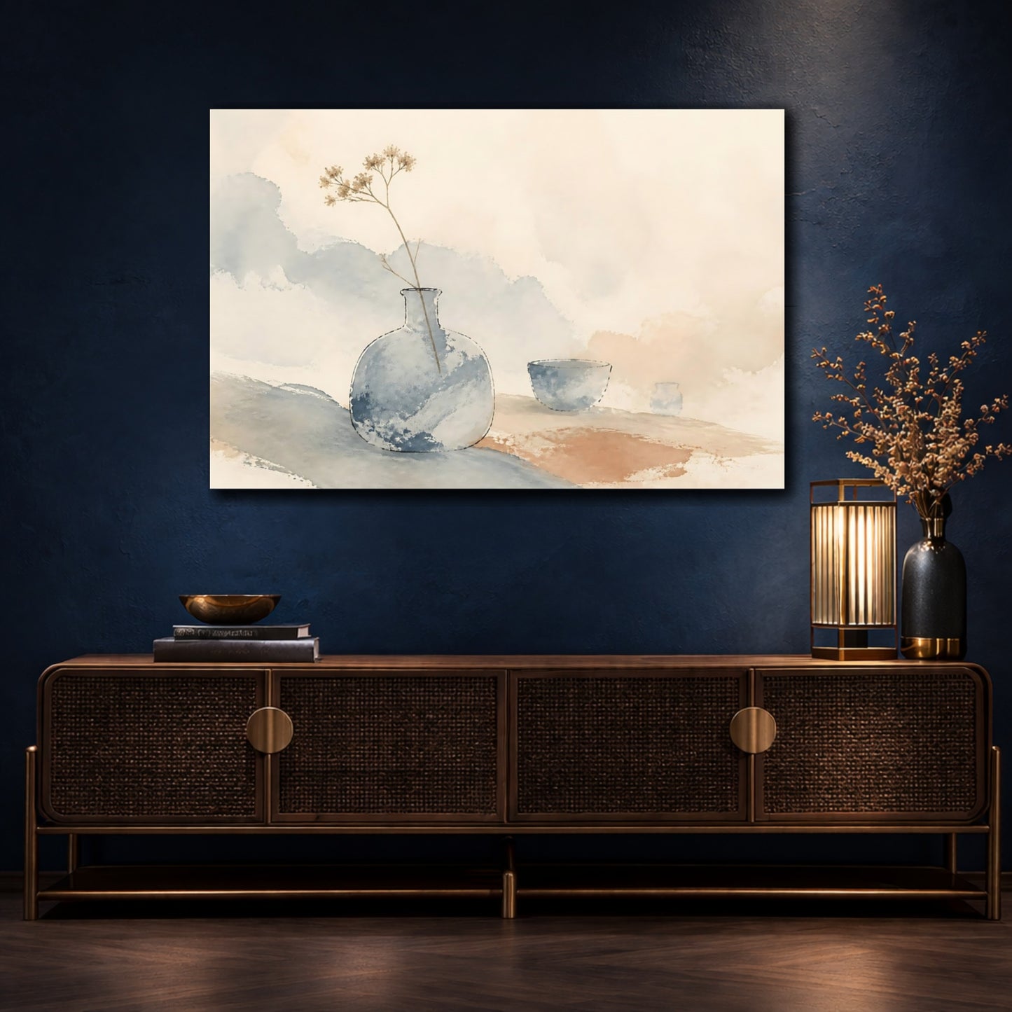 Mockup 4. Blue Vase & Dried Stem shown as canvas print