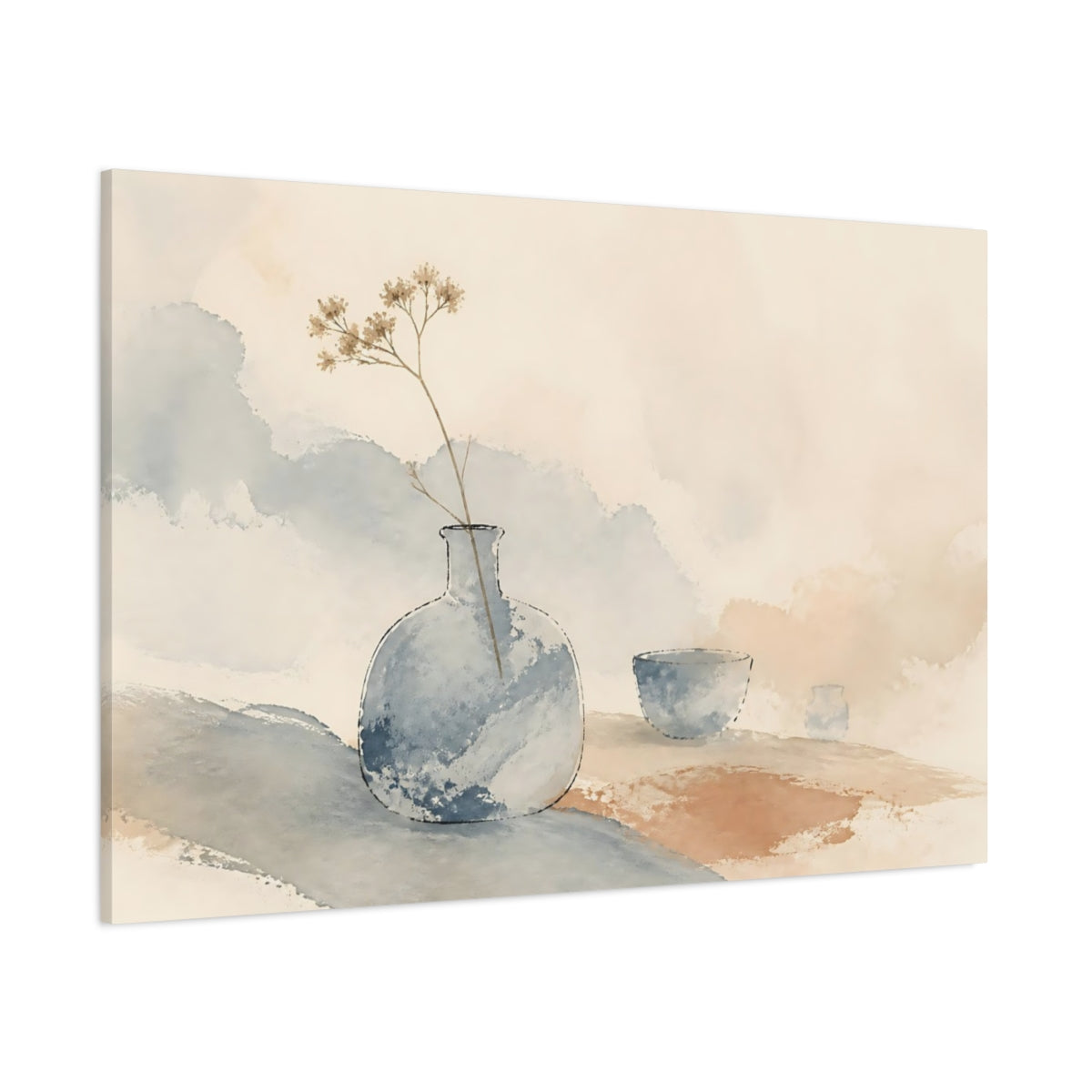 Side Mockup 1. Blue Vase & Dried Stem shown as canvas print