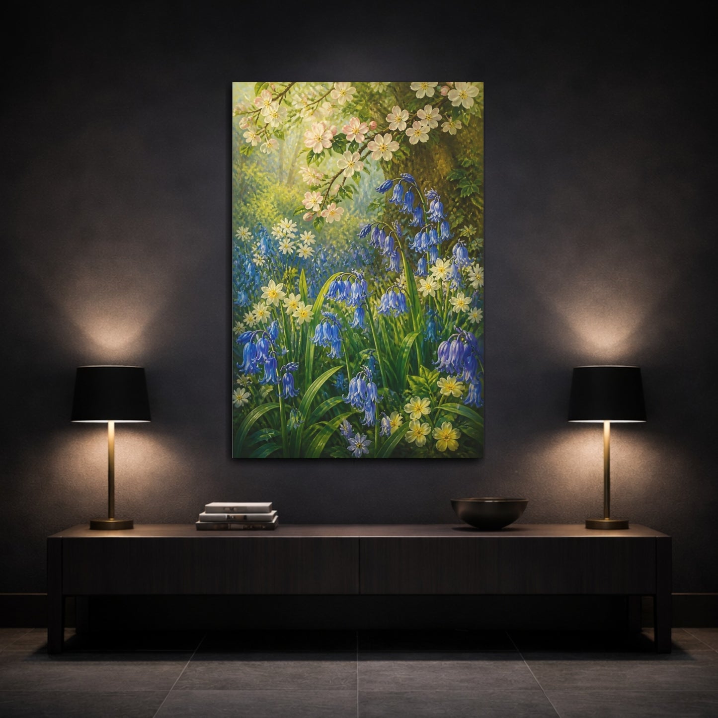 Mockup 3. Bluebells Floral Meadow shown as canvas print