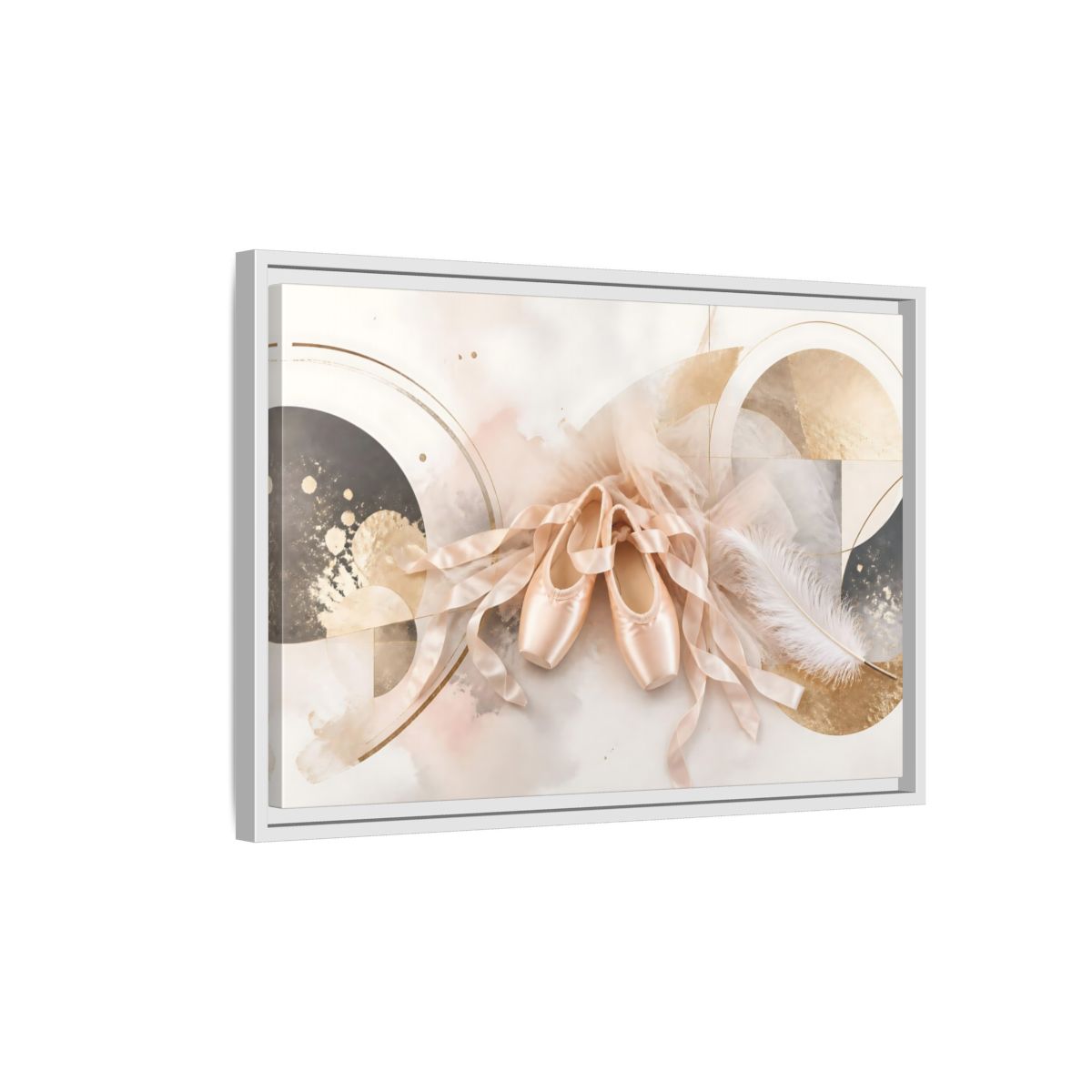 Side Mockup 1. Blush Ballet Pointe Shoes shown as framed canvas print