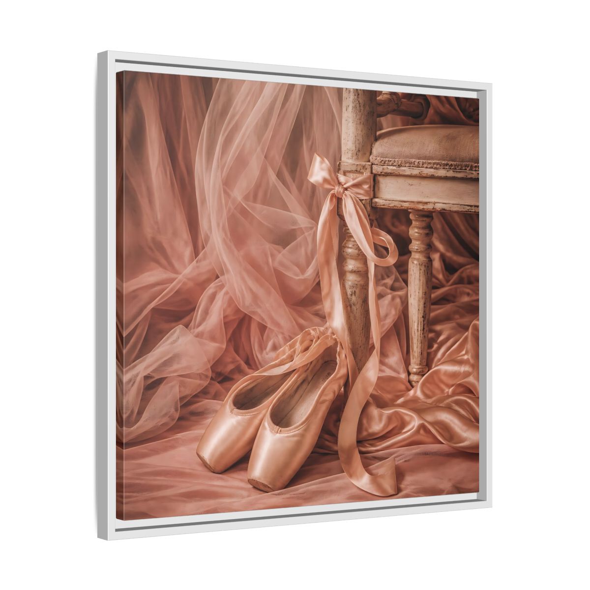 Side Mockup 26. Blush Ballet Pointe Shoes shown as framed canvas print