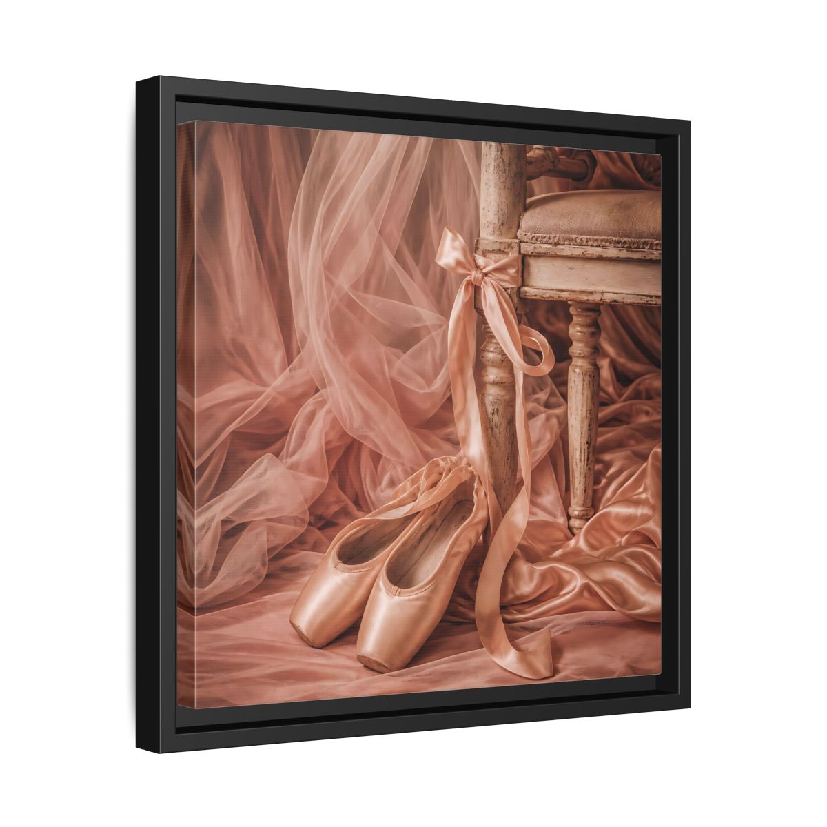 Side Mockup 32. Blush Ballet Pointe Shoes shown as framed canvas print