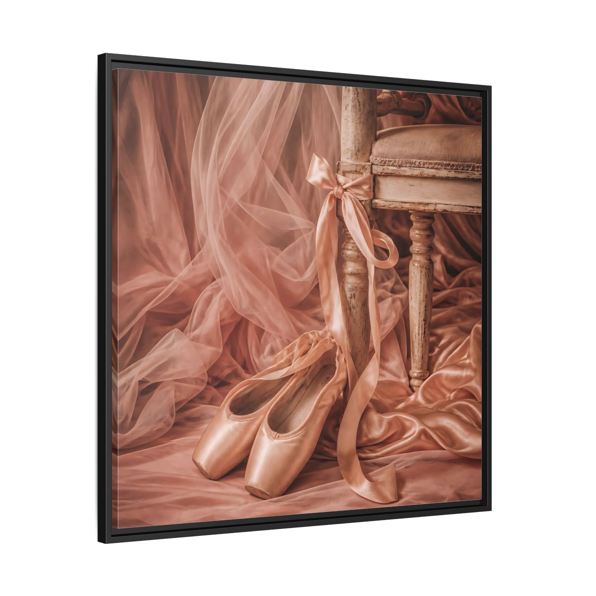 Side Mockup 30. Blush Ballet Pointe Shoes shown as framed canvas print