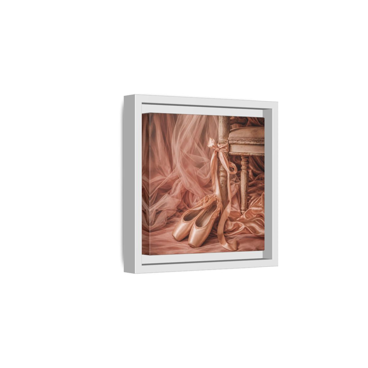 Side Mockup 1. Blush Ballet Pointe Shoes shown as framed canvas print
