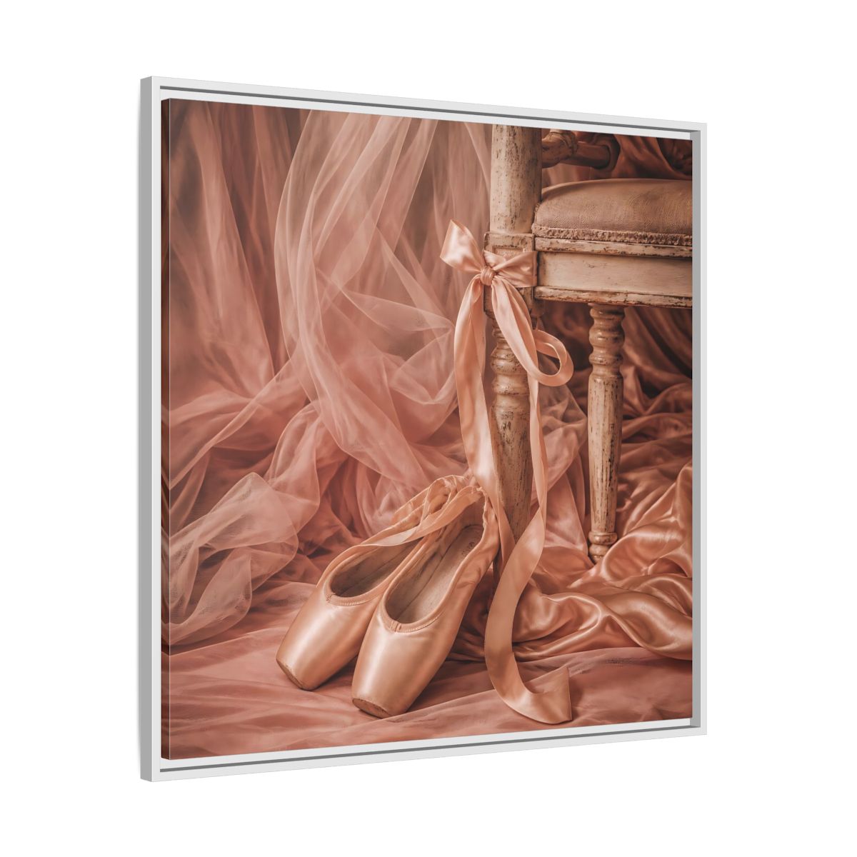 Side Mockup 25. Blush Ballet Pointe Shoes shown as framed canvas print