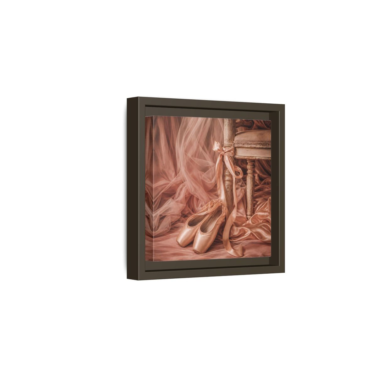 Side Mockup 2. Blush Ballet Pointe Shoes shown as framed canvas print