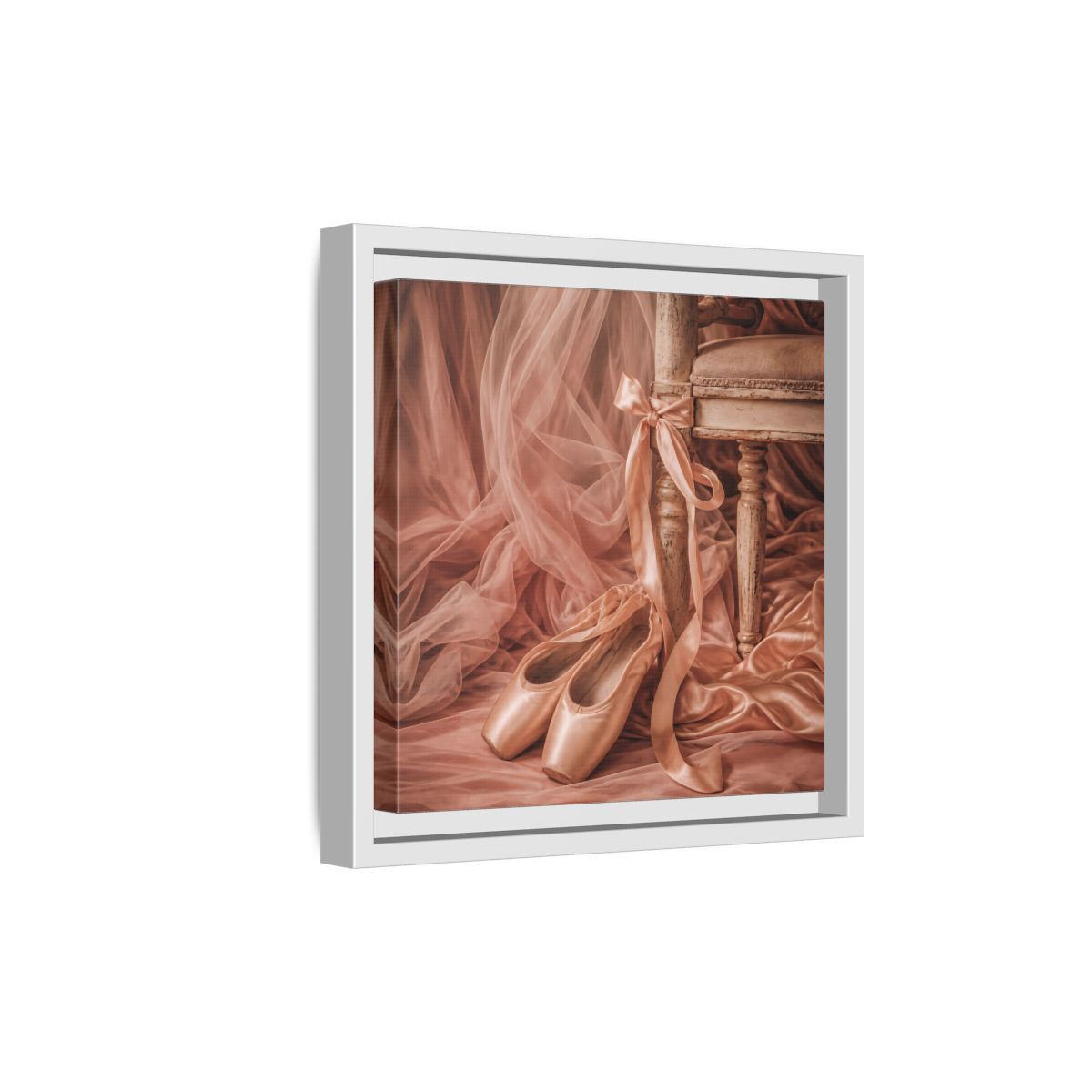 Side Mockup 19. Blush Ballet Pointe Shoes shown as framed canvas print