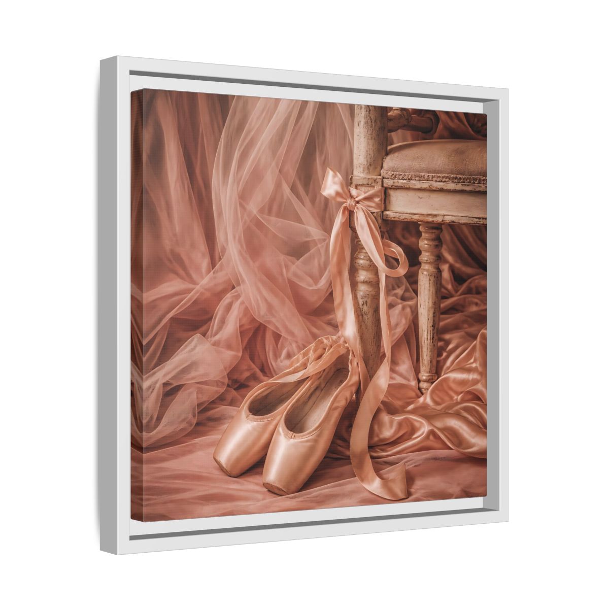 Side Mockup 28. Blush Ballet Pointe Shoes shown as framed canvas print