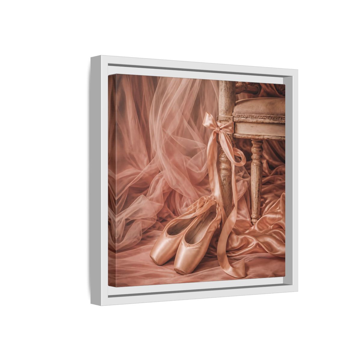 Side Mockup 16. Blush Ballet Pointe Shoes shown as framed canvas print