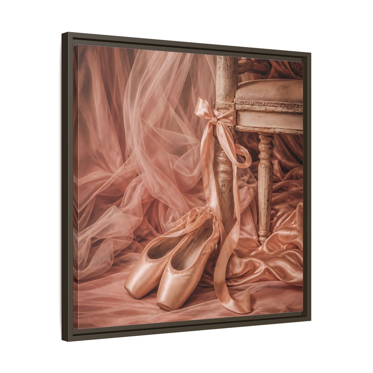 Side Mockup 27. Blush Ballet Pointe Shoes shown as framed canvas print