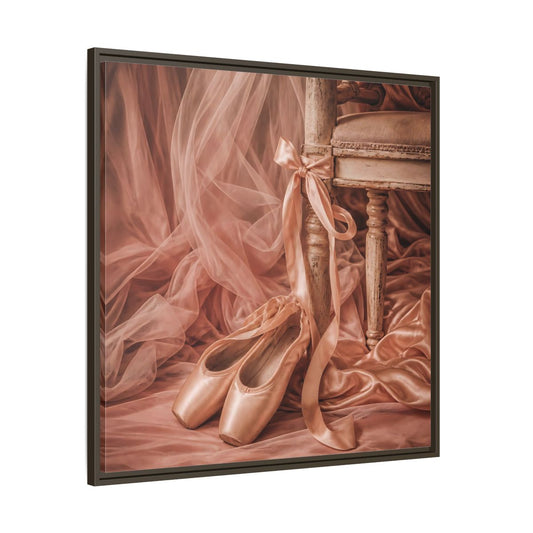 Main Mockup. Blush Ballet Pointe Shoes shown as framed canvas print