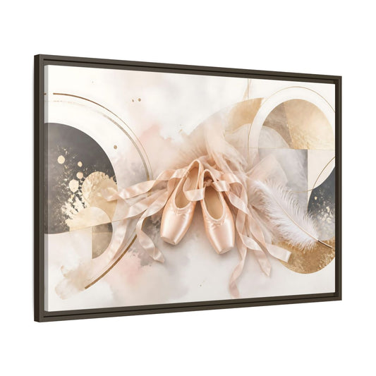 Main Mockup. Blush Ballet Pointe Shoes shown as framed canvas print