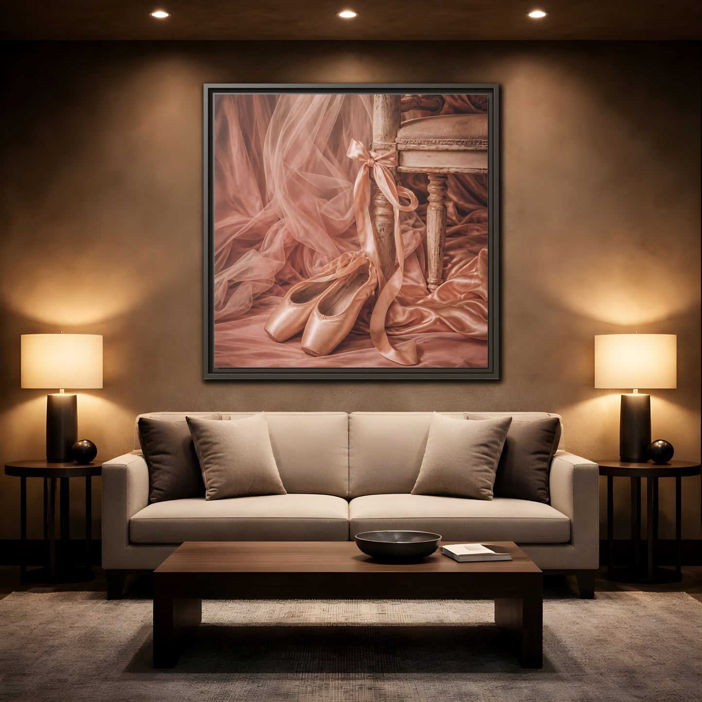 Mockup 2. Blush Ballet Pointe Shoes shown as framed canvas print
