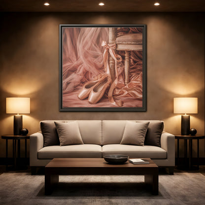 Mockup 2. Blush Ballet Pointe Shoes shown as framed canvas print